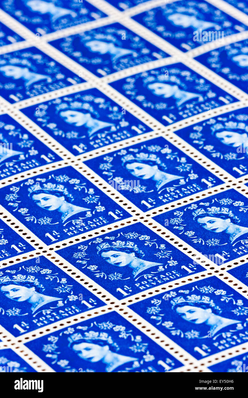 Sheet of British postage stamps. Circa 1950s, Queen Elizabeth 1d blue