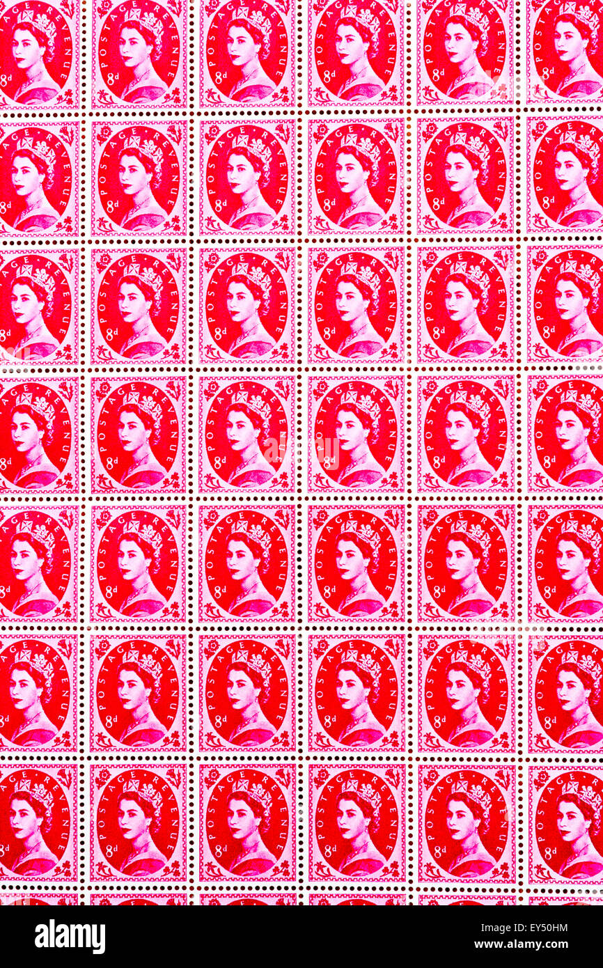 Sheet of British postage stamps. Circa 1950s, Queen Elizabeth 8d rose