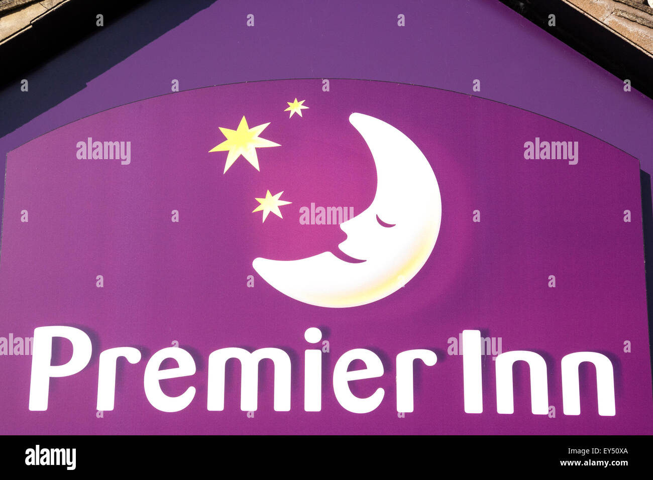 Premier Inn sign, logo, large hotel chain, sleeping moon and stars