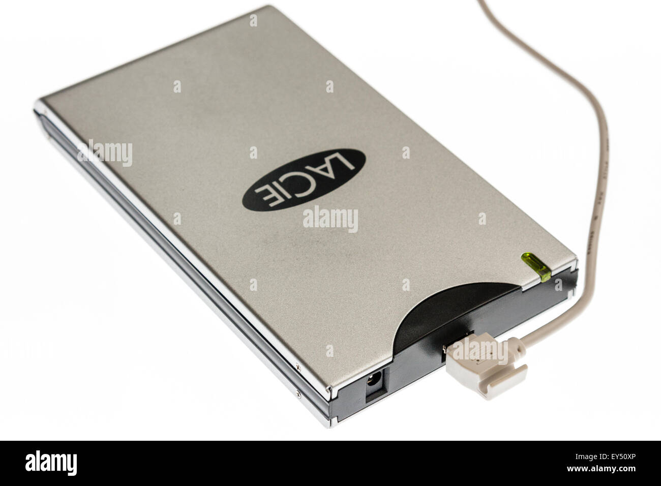spreken Buiten oor Lacie portable external storage hard drive with cable attached on plain  white illuminated background Stock Photo - Alamy