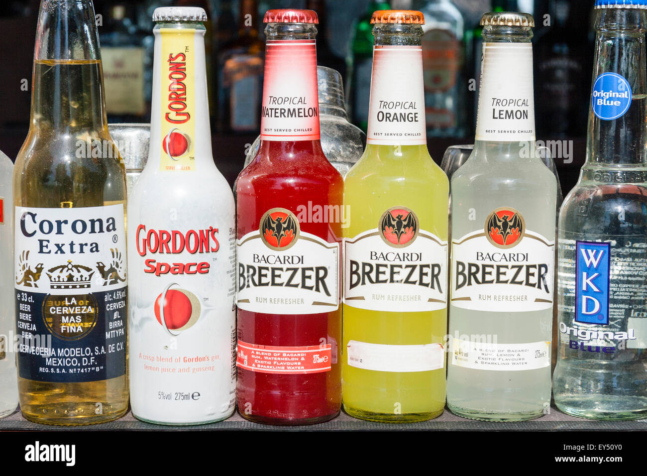 Close up of row of six small alcohol drink bottles, Corona Extra Stock