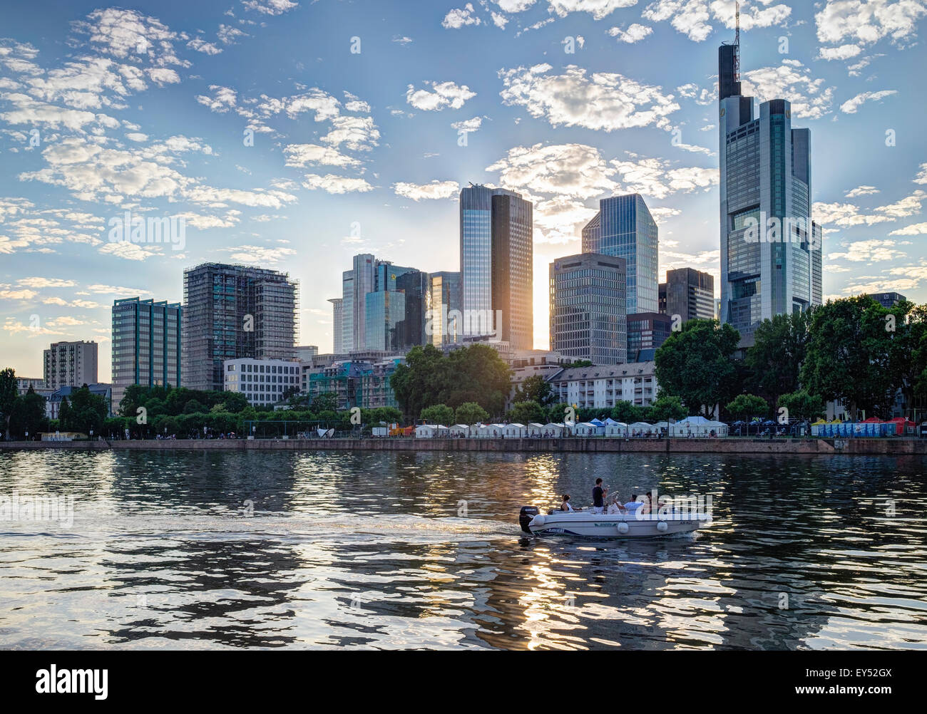 Evening mood, view across the river Main to the financial district, Frankfurt am Main, Hesse, Germany Stock Photo