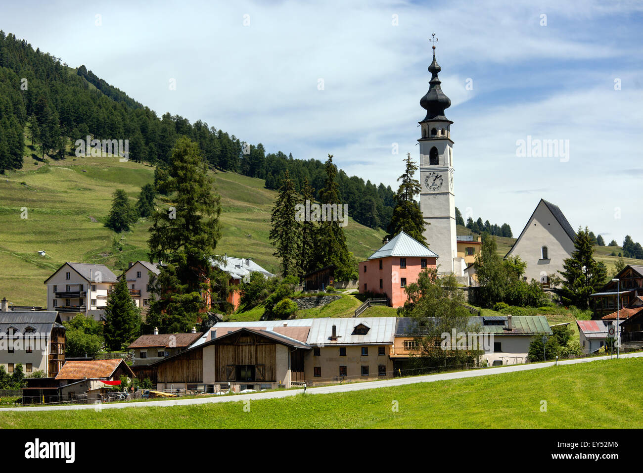 Reformed Church, Engadine houses, Ftan, Lower Engadine, Engadine, Canton of Graubünden, Switzerland Stock Photo
