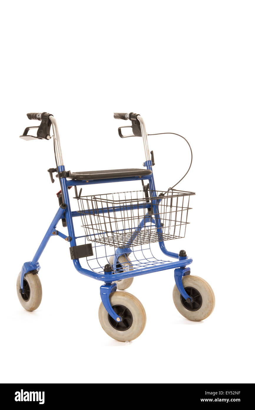 Blue walker with hand brakes and basket isolated over white background