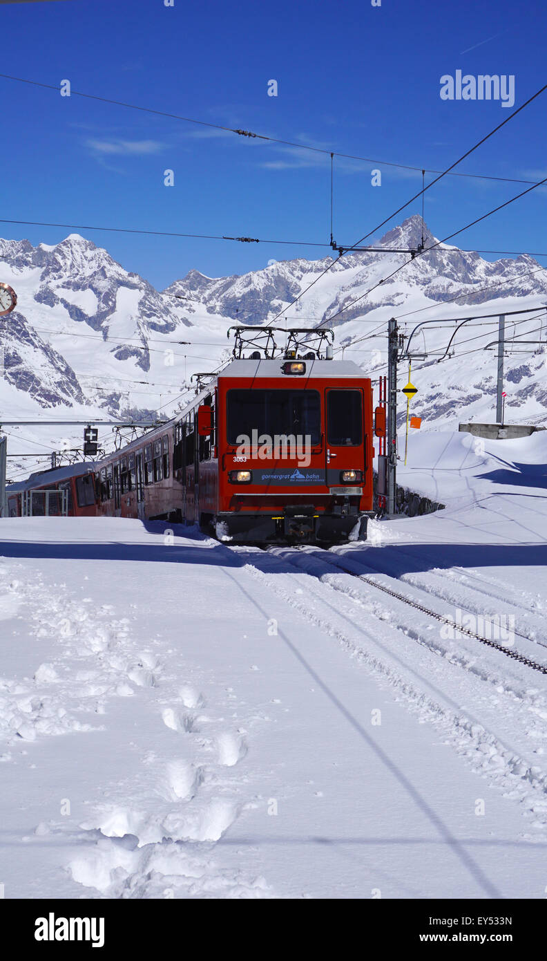 Scene of train running at Gornergrat station, Matterhorn, Zermatt, Switzerland Stock Photo