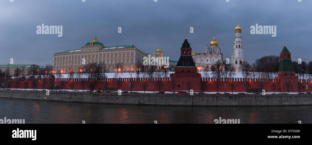 Panorama of the Moscow river and the Kremlin in the winter evening. The Kremlin is the UNESCO world heritage site Stock Photo