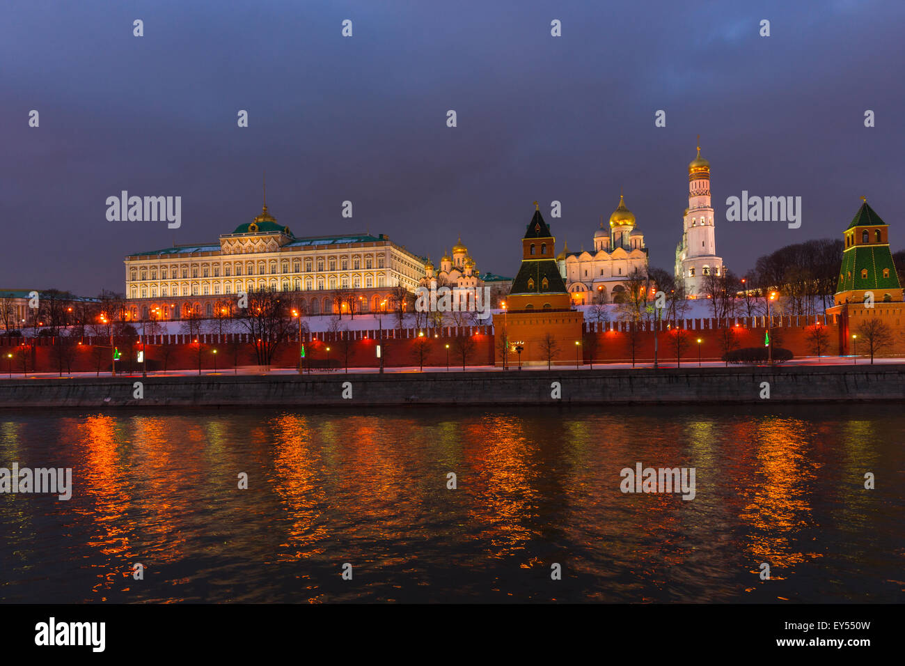 View of the Moscow river, the Kremlin, Grand Kremlin Palace, Archangel cathedral  and Ivan the Great belfry Stock Photo