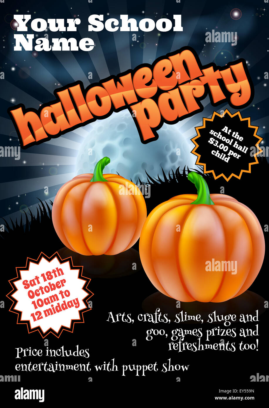 School childrens Halloween Party poster invite invitation or flyer with pumpkins and full moon Stock Photo