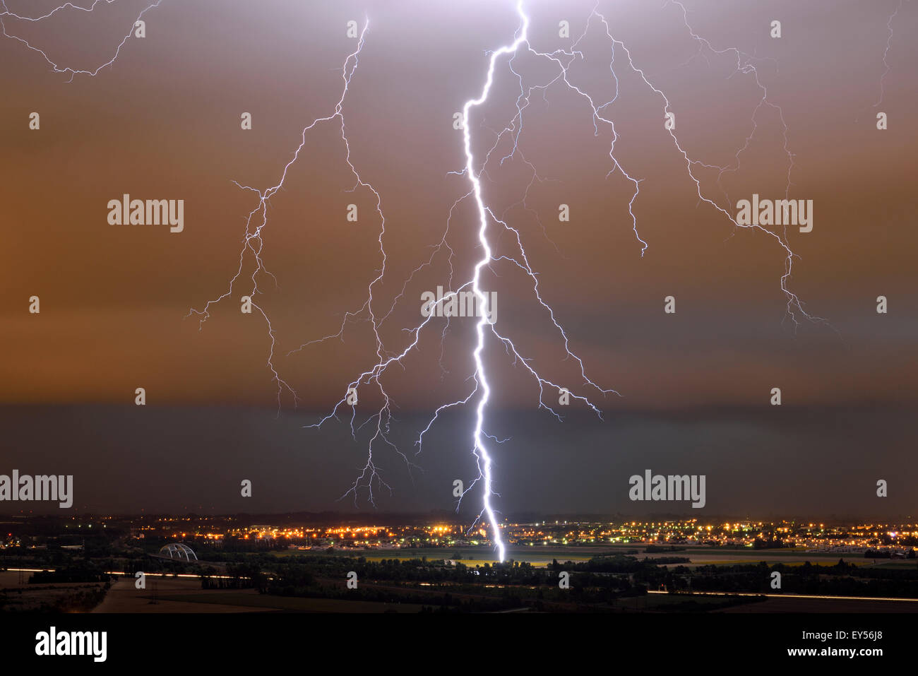 Lightning strike on the Rhône Valley France during a violent storm