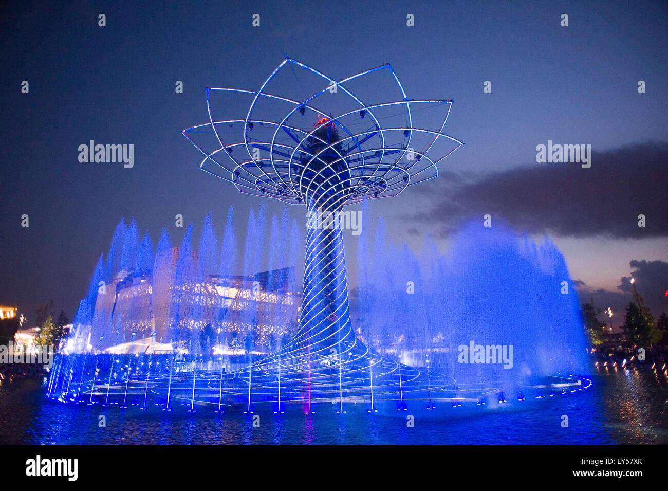 Italy Milan Expo Tree of Life on the lake outside and Arena at night 2015, architecture, building, city, colorful, construction, Stock Photo