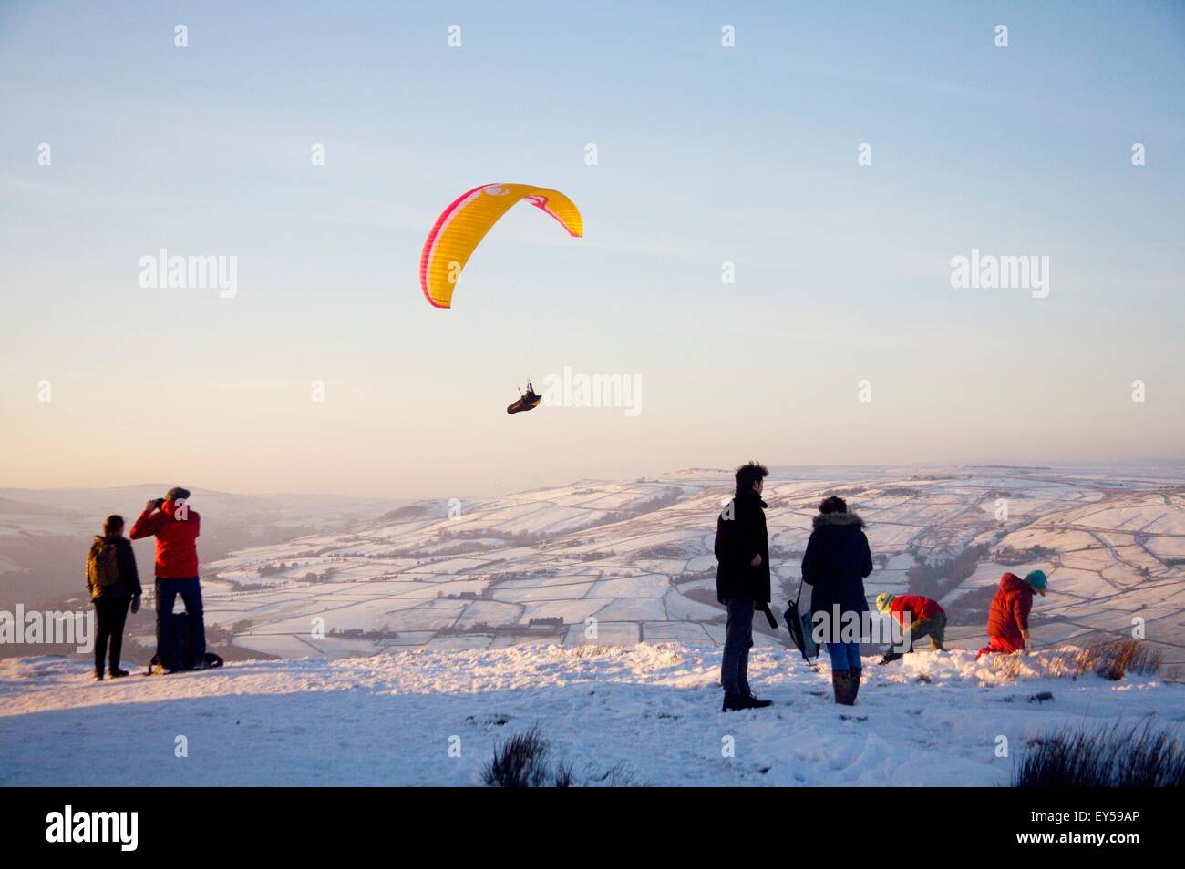 paragliding from Stoodley Pike, Calderdale, Yorkshire Stock Photo