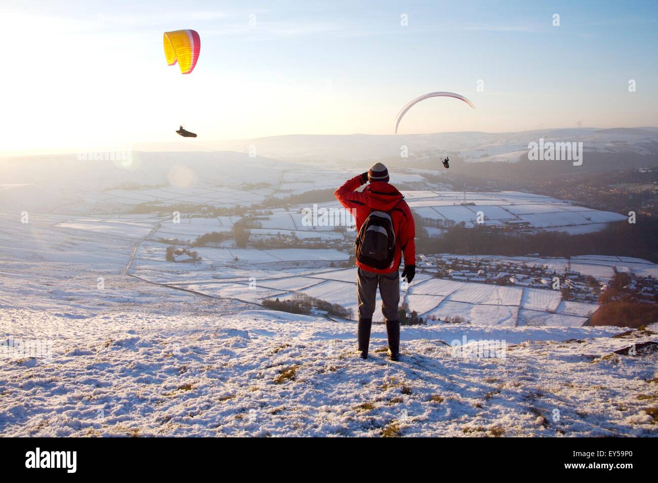 paragliding at the top of Stoodley Pike, Yorkshire. Stock Photo