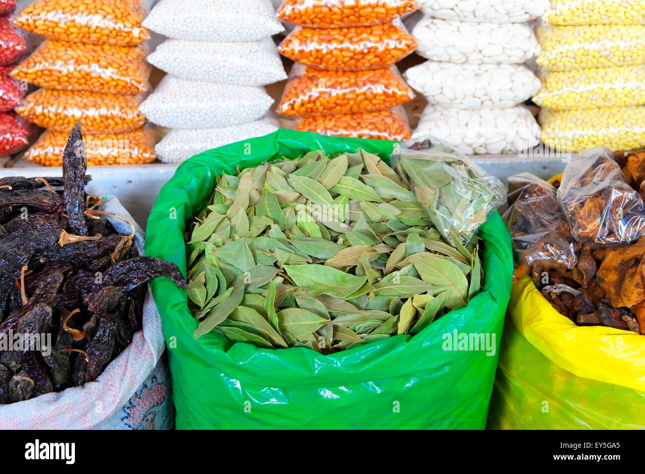 Coca leaves on OTC market - Cuzco Peru Stock Photo
