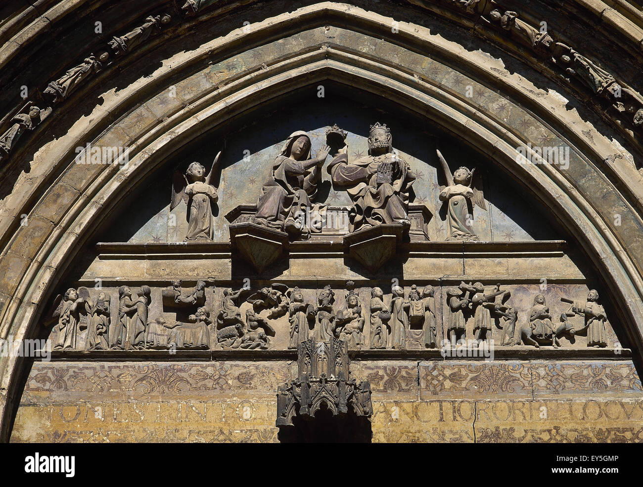 Spain. Castellon. Morella. The Archpriestal Church of St. Mary (1265-1330). Gothic. Portal of the Apostles. Coronation of the VIrgin. Stock Photo
