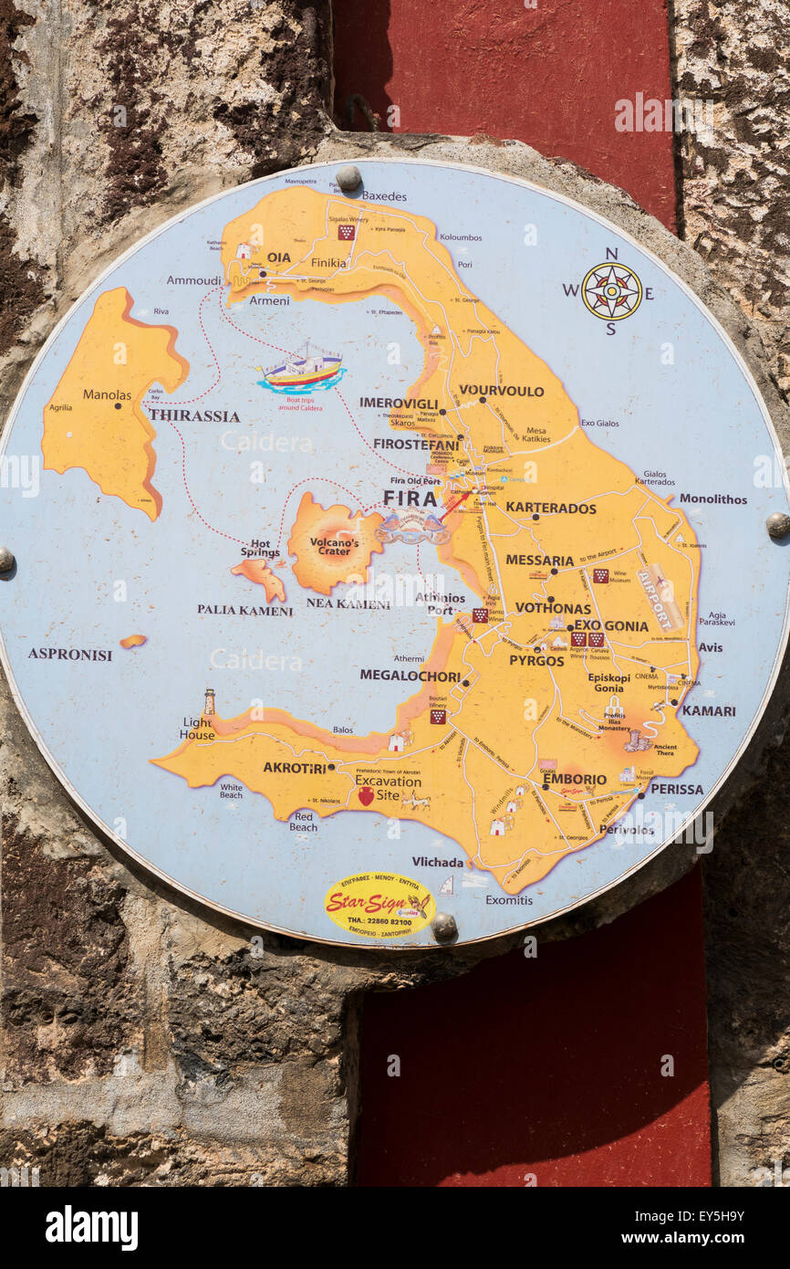 Greece, Cyclades, Santorini, Fira, Map of Island on wall Stock Photo Alamy