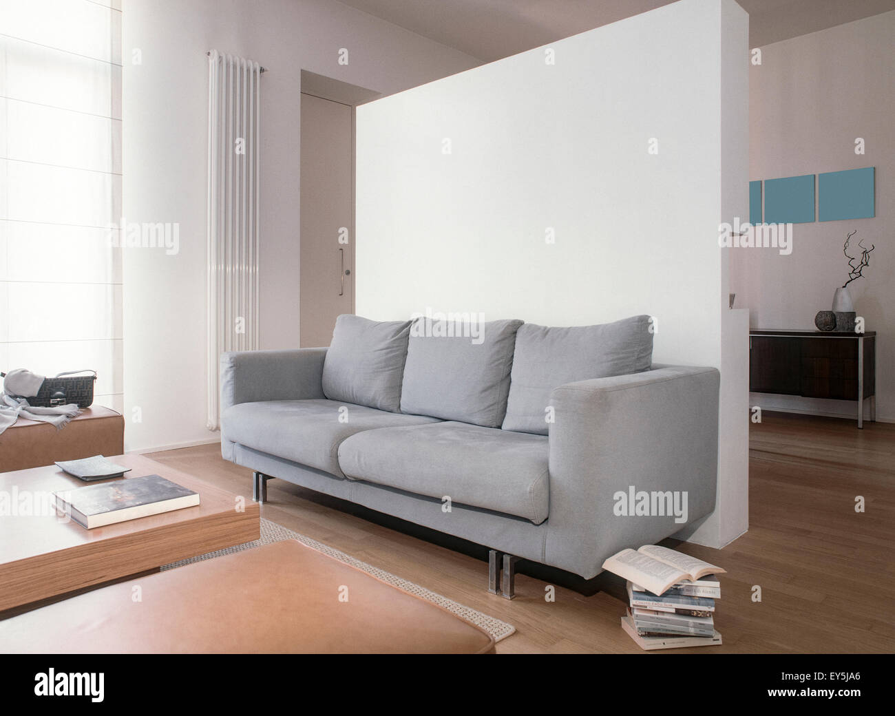 gray fabric sofa in the modern living room with wood floor Stock Photo
