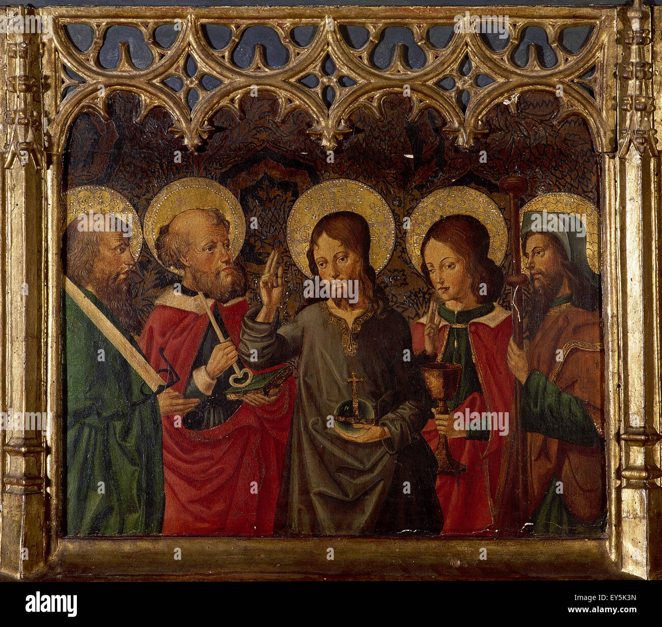 Spain. Cuenca Cathedral. Altarpiece. Virgin of the Milk. 15th-16th. Master of Cuenca. Detail. Christ with the Apostles. Stock Photo