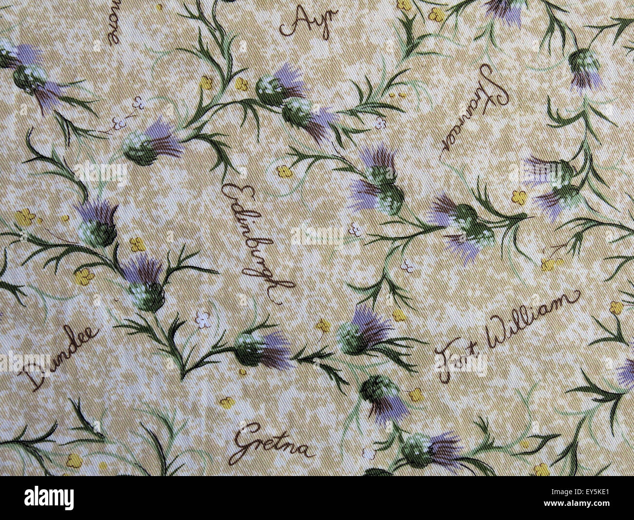 Cloth with thistles and Scottish towns listed Stock Photo