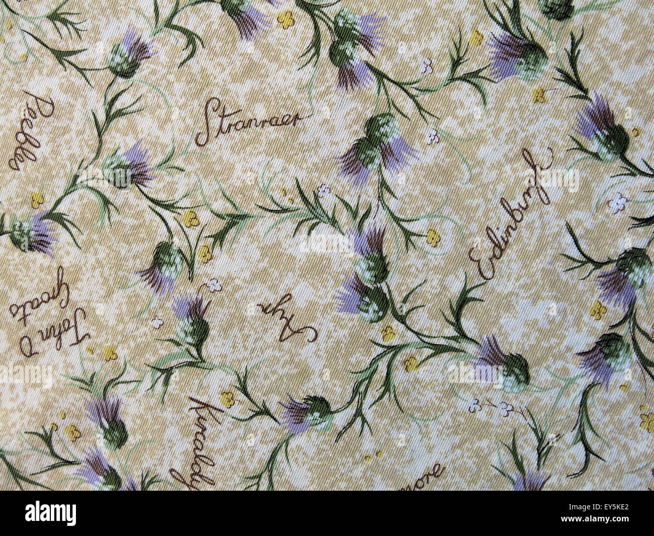 Cloth with thistles and Scottish towns listed Stock Photo