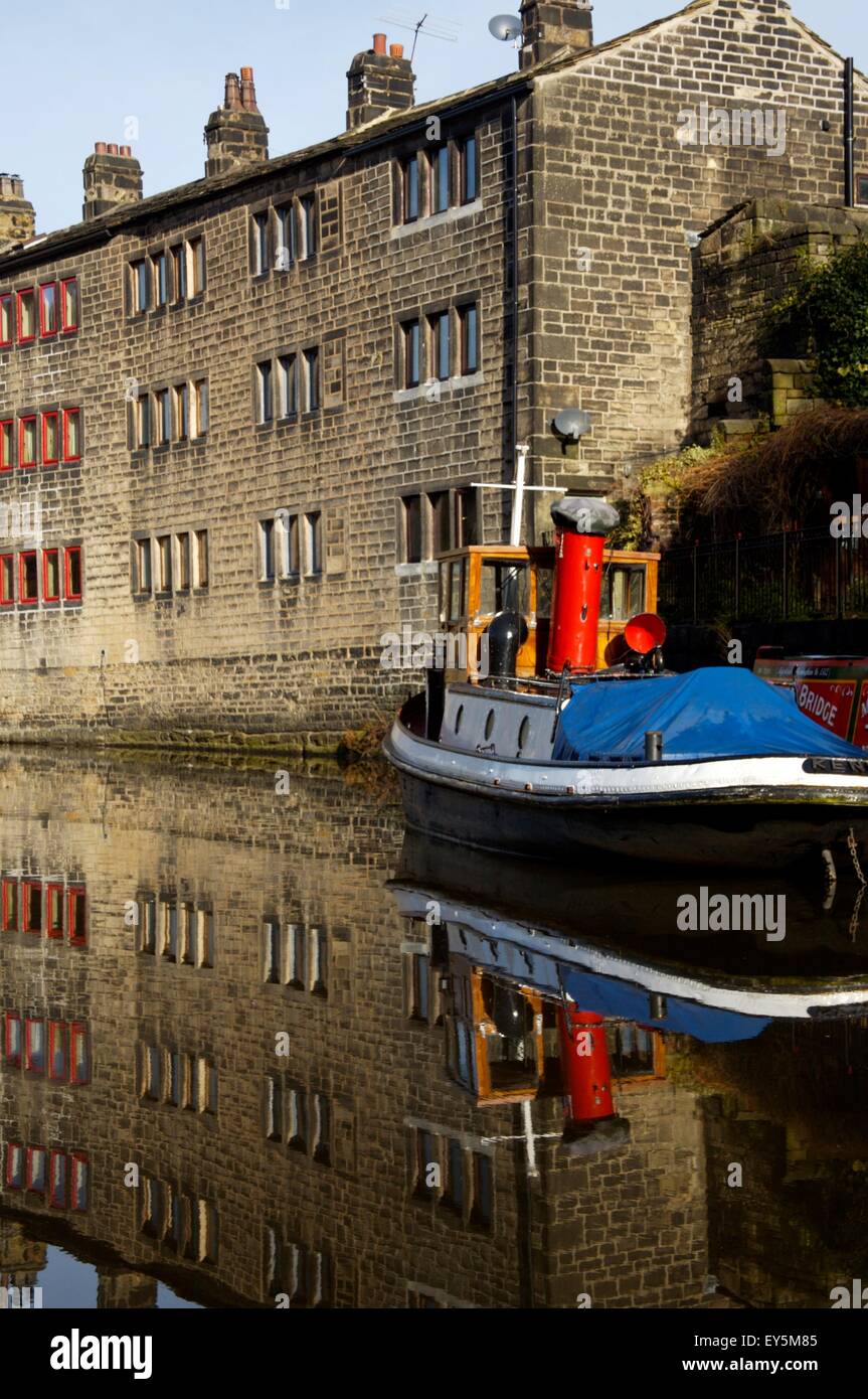 Steam boat on Rochdale Canal at Hebden Bridge, Yorkshire. Stock Photo