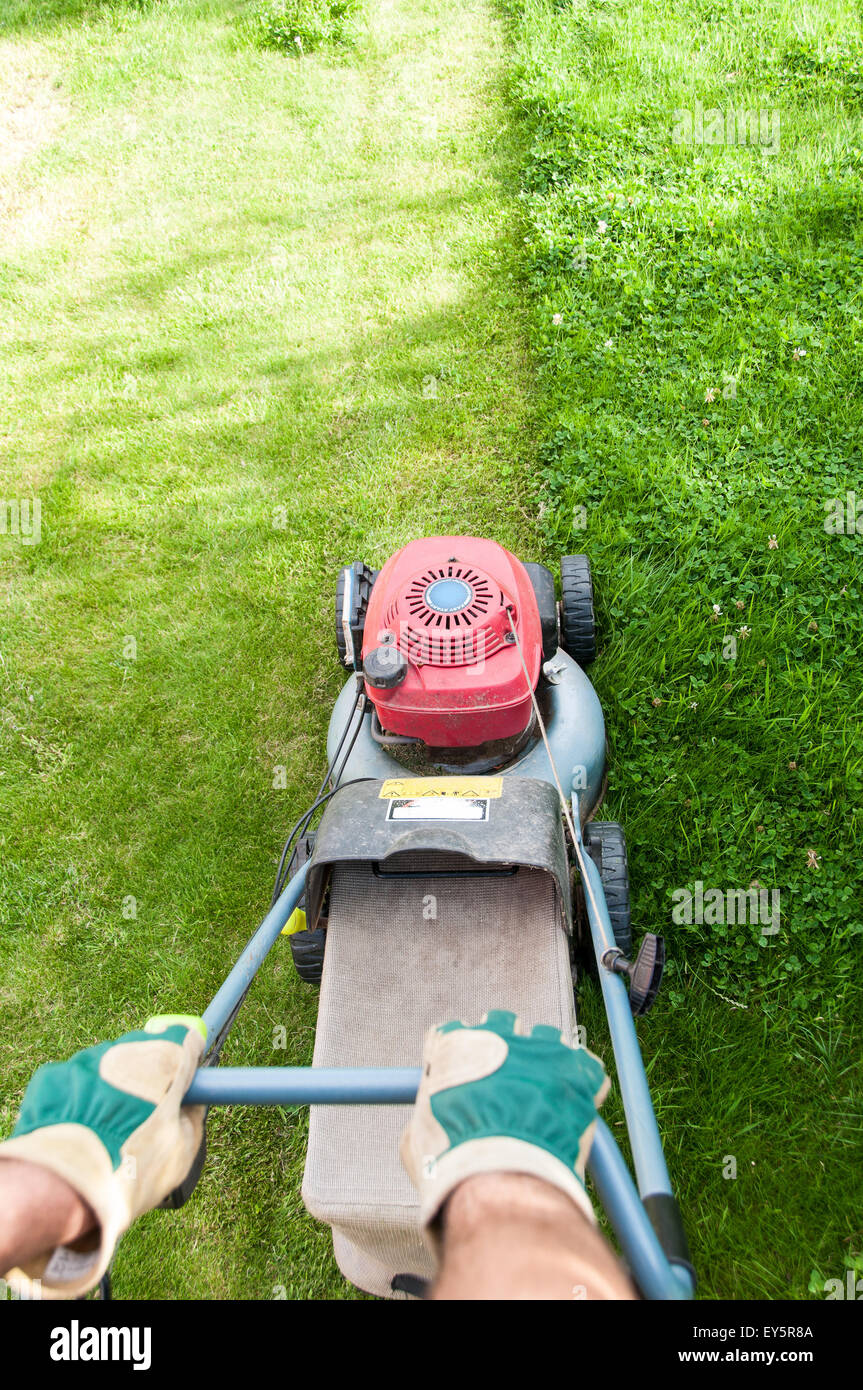 Mowing the turf in a garden Stock Photo