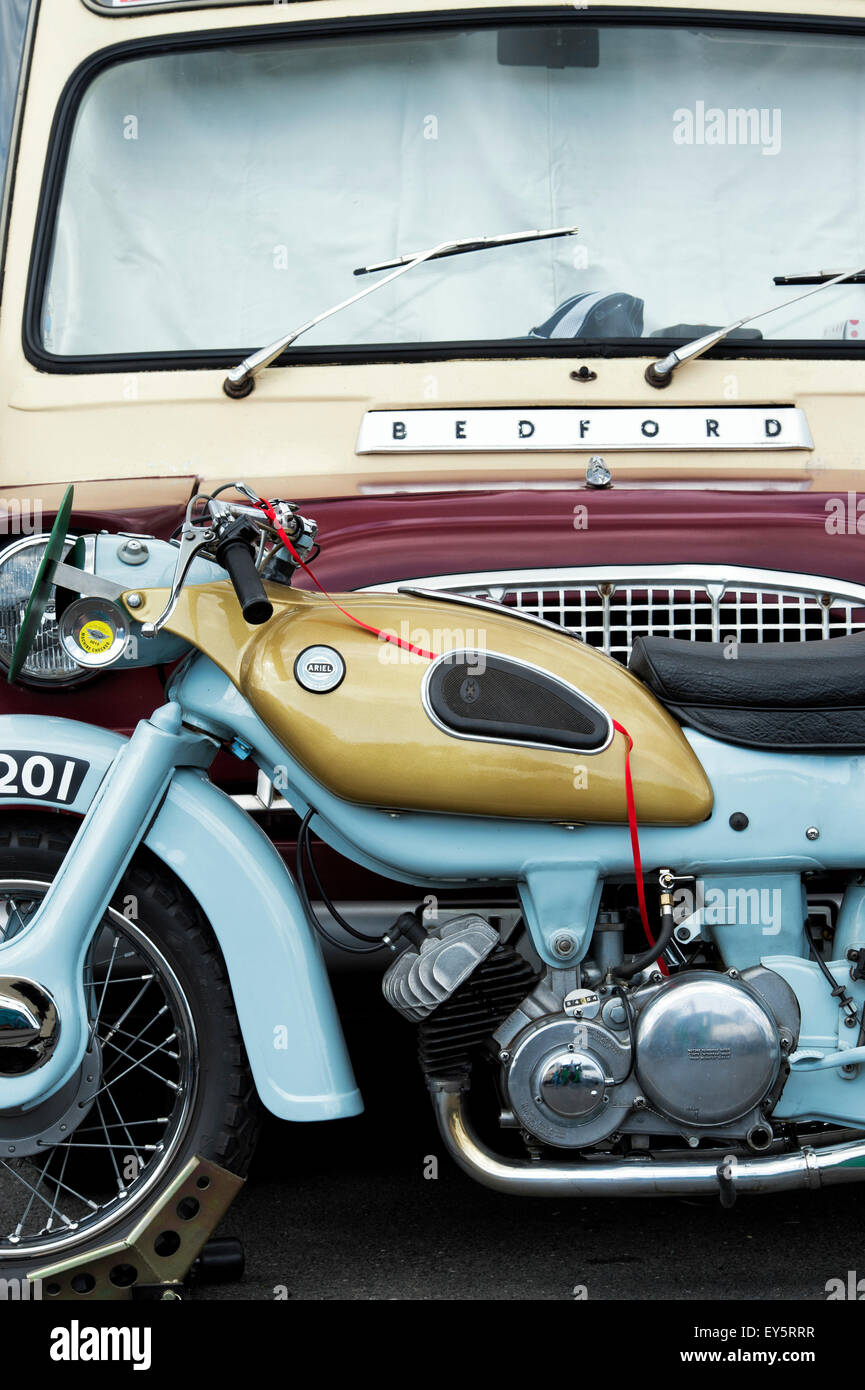 Ariel arrow motorcycle and and old bedford van at Mallory Park race track, England Stock Photo