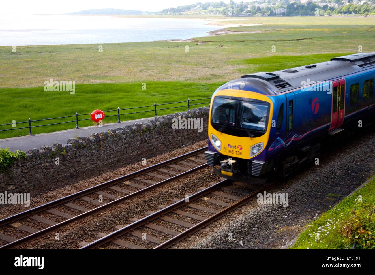 First Transpennine train at Grange Over Sands, Cumbria Stock Photo