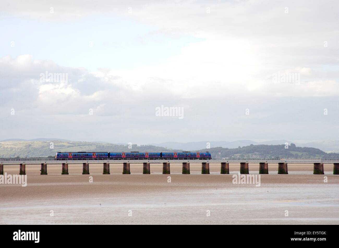 train crossing River Kent estuary, Lancashire Stock Photo