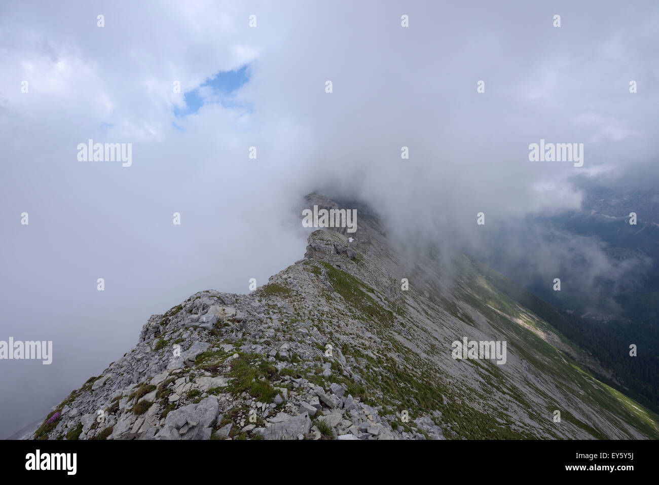 view of mountain ridge with clouds and mist, Karwendel, Germany Stock Photo
