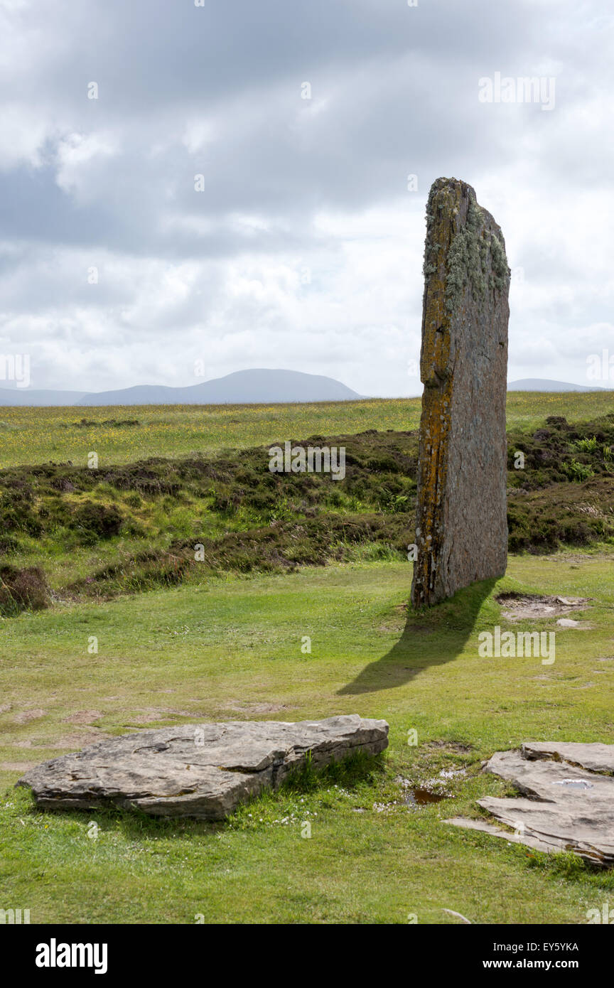 Neolithic standing stones, part of the Ring of Brodgar, Orkney Isles, Scotland, UK, Europe. Looking South over to Hoy. Stock Photo