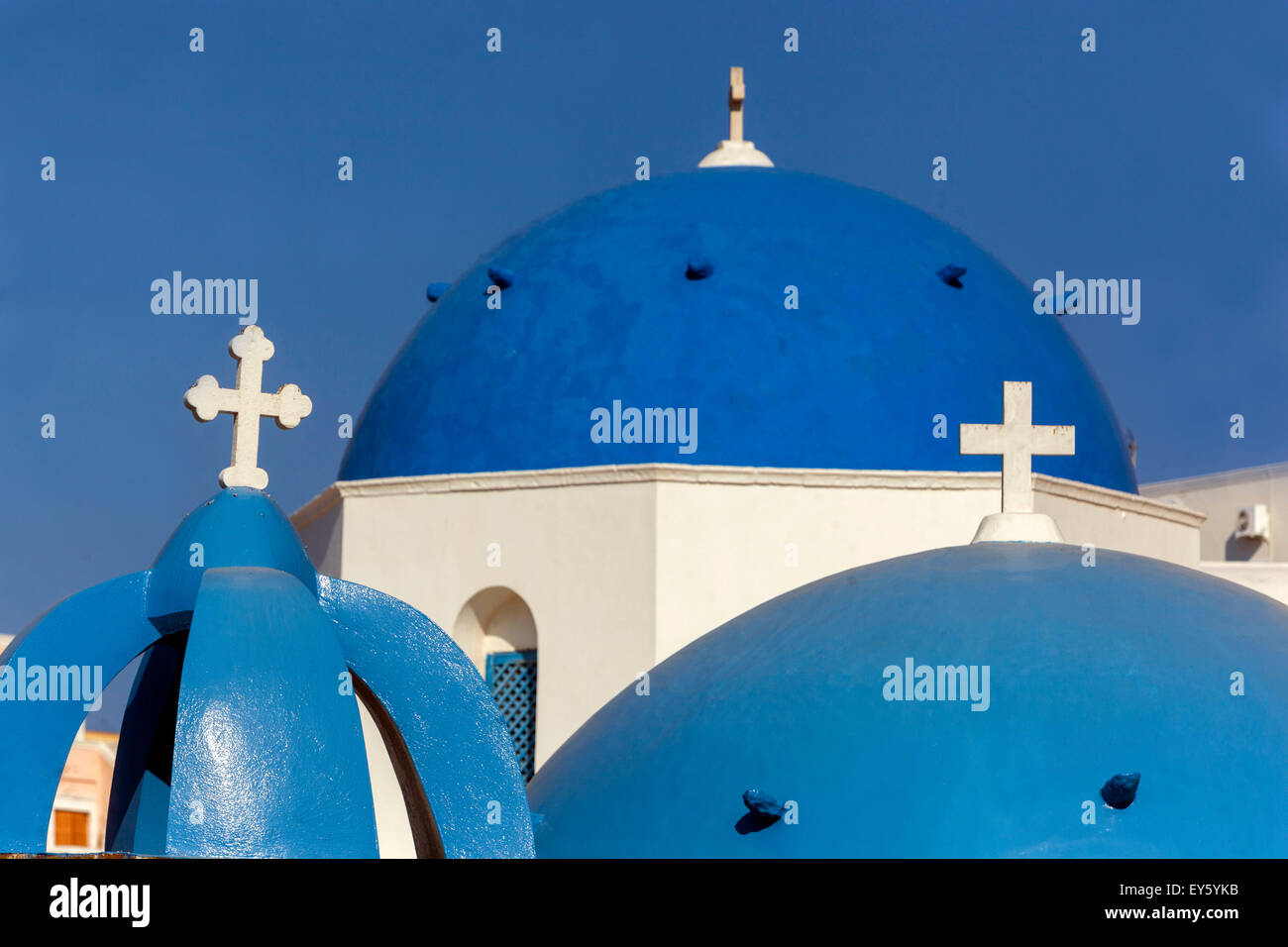 Greek Orthodox Church blue dome  in Oia village, Santorini Oia Greece nobody Stock Photo