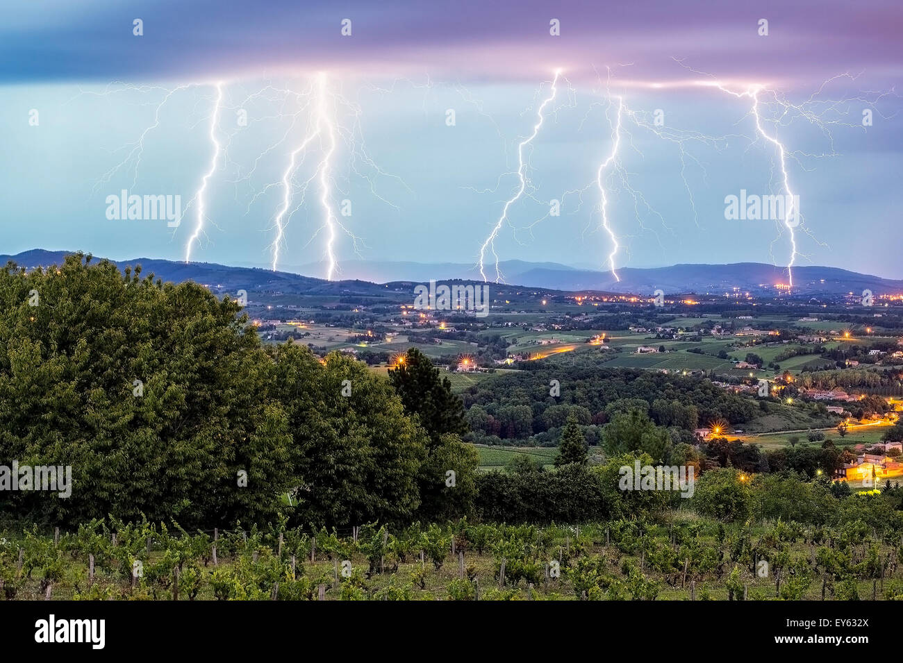 Storm over the Monts du Lyonnais and Maconnais - France Overlay 3 photos 30 seconds equivalent to a period of 1 minutes 30 seconds. Stock Photo