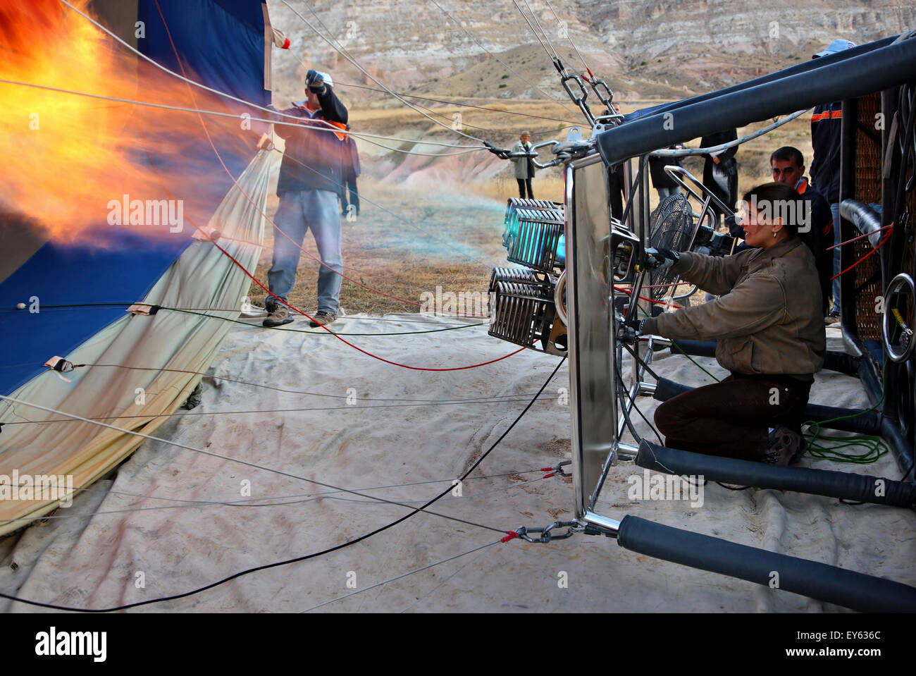 Preparations for a hot air balloon flight in Cappadocia, Turkey. Stock Photo