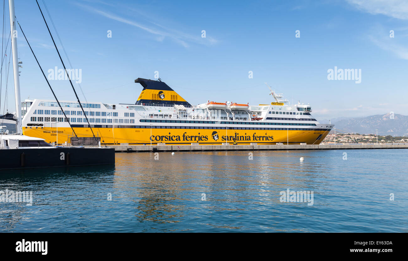 Ajaccio, France - June 29, 2015: The Mega Express ferry, big yellow passenger ship operated by Corsica Ferries Sardinia Ferries Stock Photo