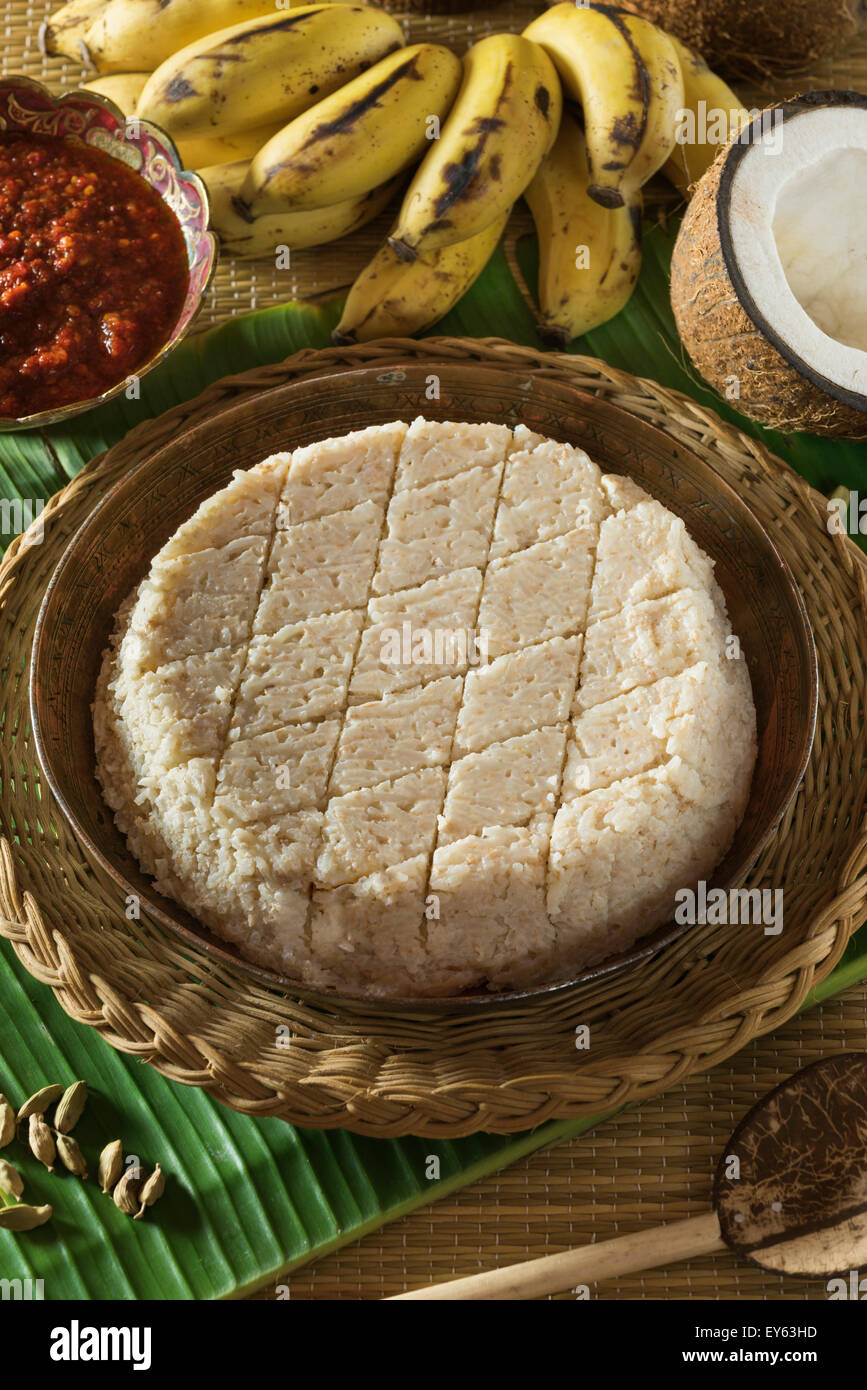 Kiribath with chilli sambol. Coconut milk rice cake. Sri Lanka Food Stock Photo