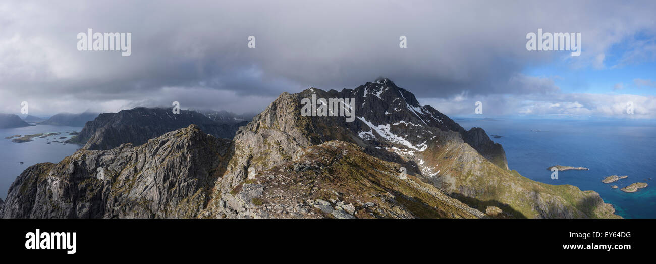 Panoramic mountain view from summit of Festvågtind, Austvågøy, Lofoten Islands, Norway Stock Photo