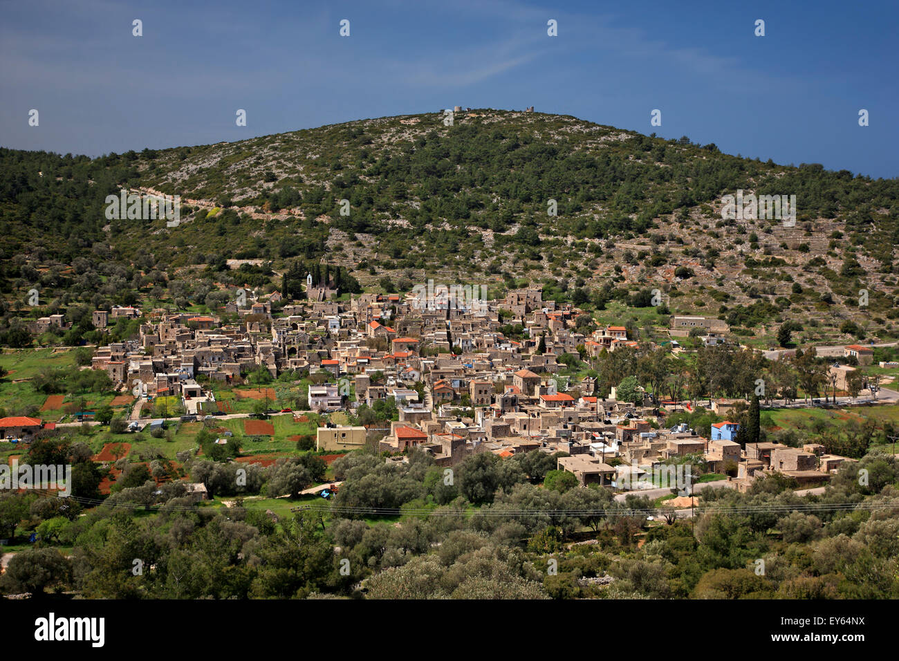 Panoramic view of the medieval village of Vessa, one of the most beautiful 'Mastichochoria' ('mastic villages') of Chios island. Stock Photo