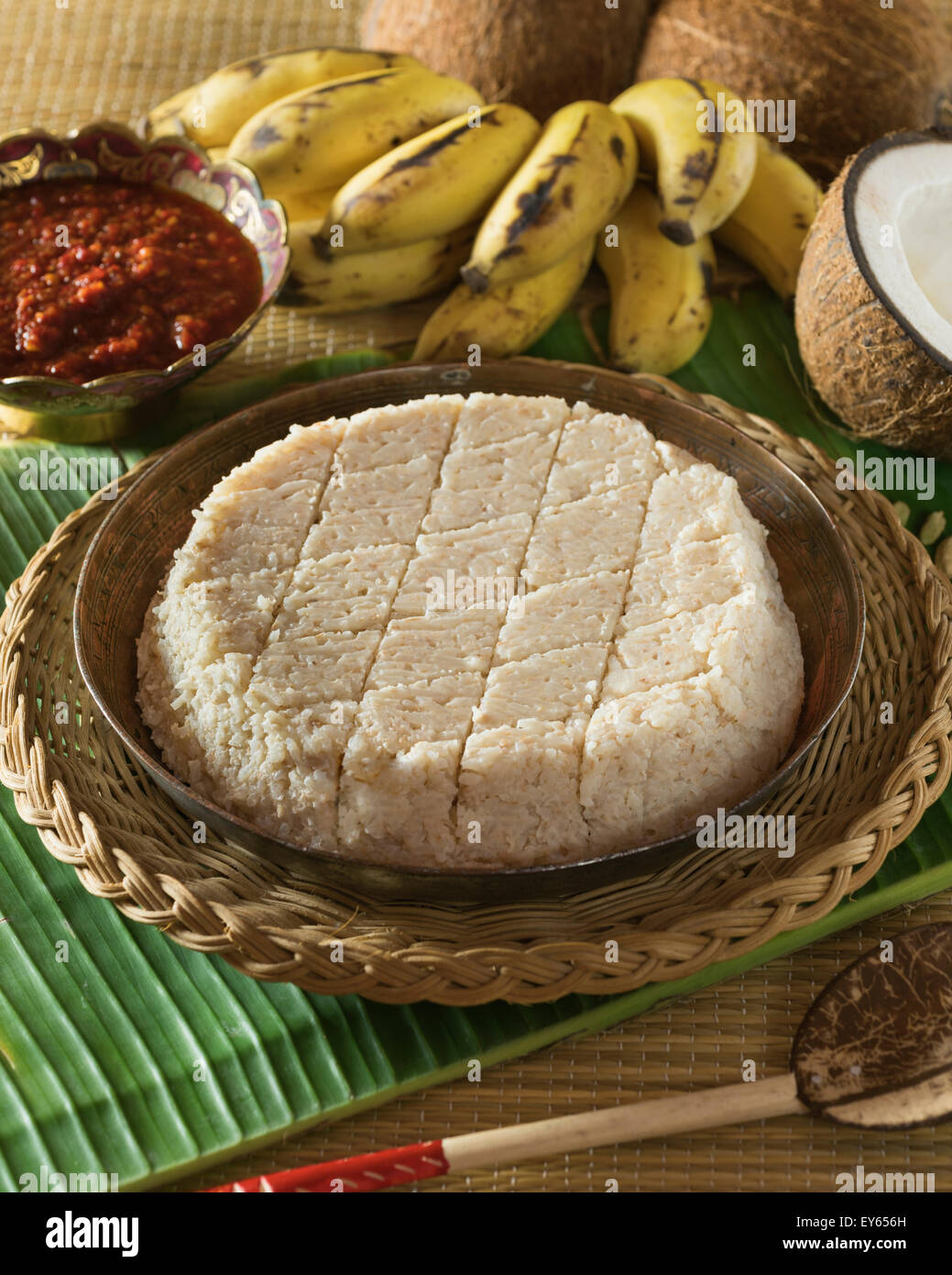 Kiribath with chilli sambol. Coconut milk rice cake. Sri Lanka Food Stock Photo