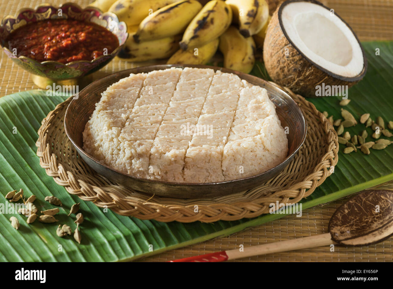 Kiribath with chilli sambol. Coconut milk rice cake. Sri Lanka Food Stock Photo