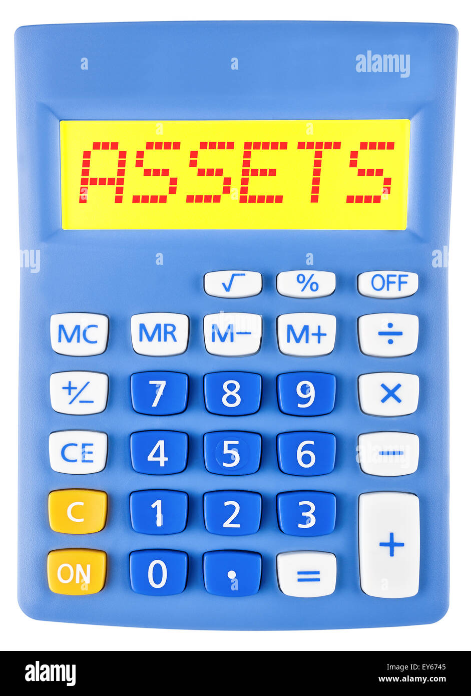 Calculator with ASSETS on display on white background Stock Photo