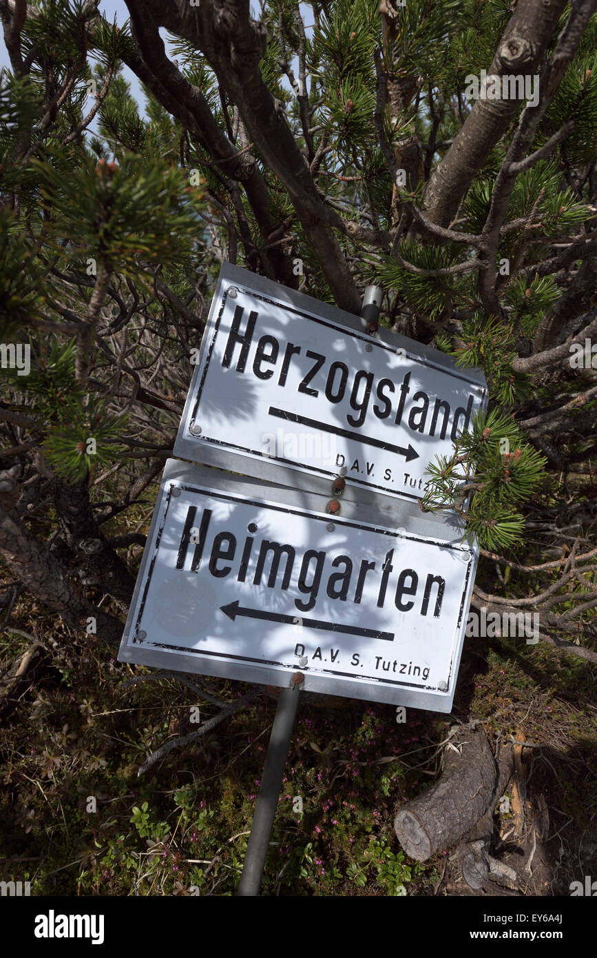 sign at the mountain ridge connecting Heimgarten and Herzogstand summit, Bavaria, Germany Stock Photo
