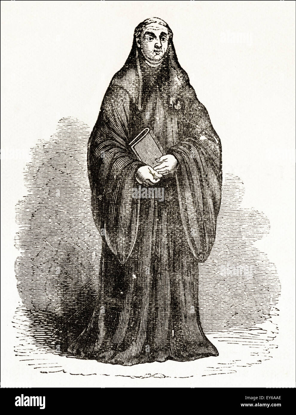 Benedictine monk of the medieval period circa 12th century. Victorian woodcut engraving circa 1845. Stock Photo