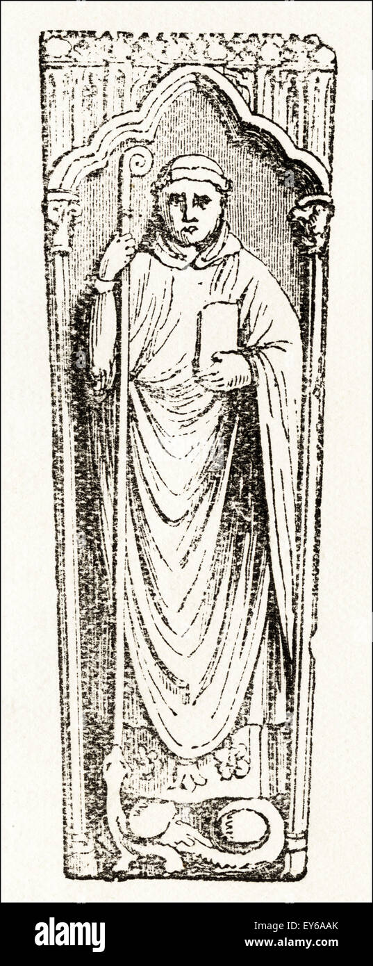 Andrew, Abbot of Peterborough 1194 - 1199 carving at Peterborough Cathedral. Victorian woodcut engraving circa 1845. Stock Photo