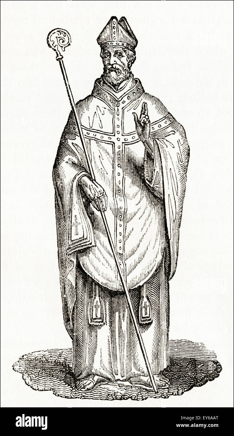 Costume of English Mitred Abbot of the medieval period circa 12th century. Victorian woodcut engraving circa 1845. Stock Photo