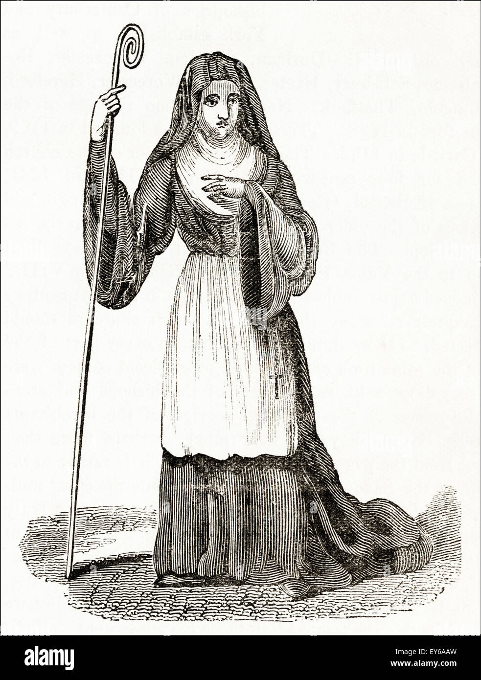 Costume of English Abbess of the medieval period circa 12th century. Victorian woodcut engraving circa 1845. Stock Photo