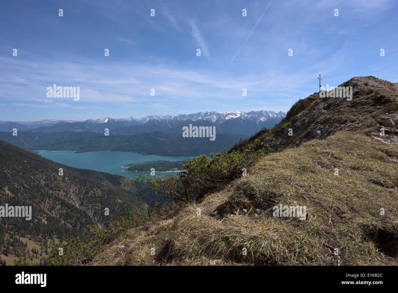 view of lake Walchensee and Heimgarten summit, Bavaria, Germany Stock Photo