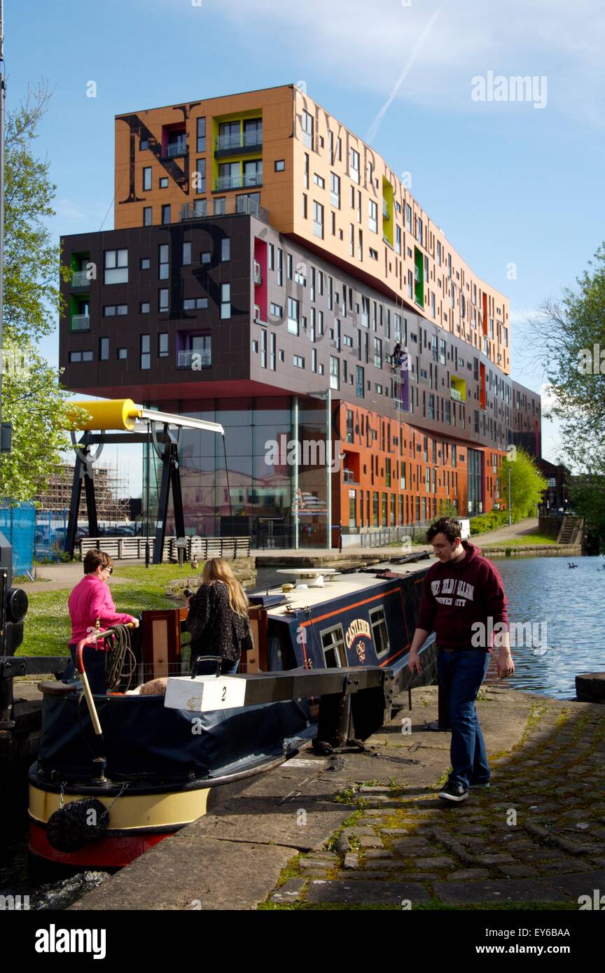 narrowboat on Ashton Canal in centre of Manchester, UK Stock Photo