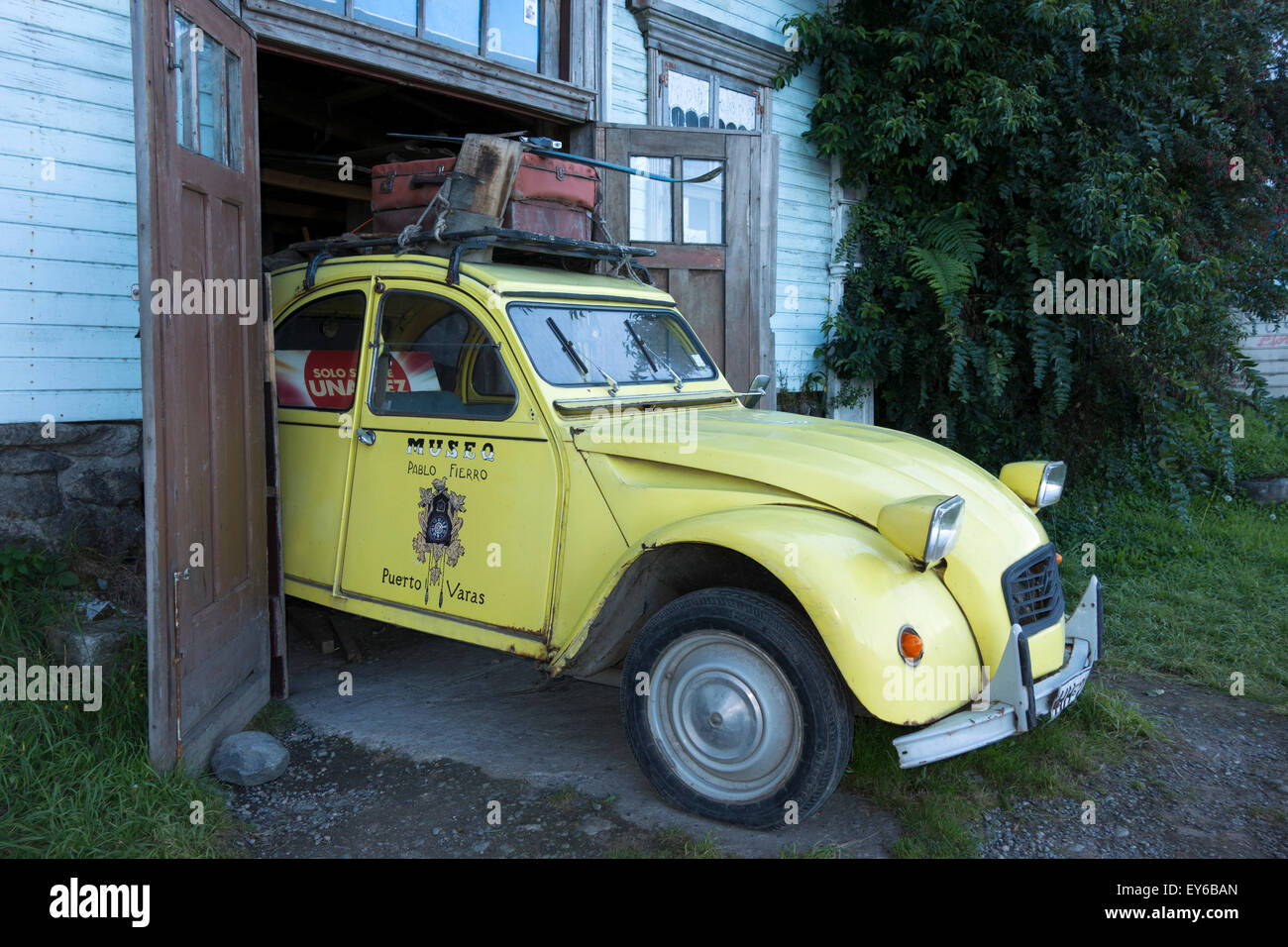 Old Citroën 2CV in a garage. Pablo Fierro museum. Puerto Varas. Chile Stock Photo