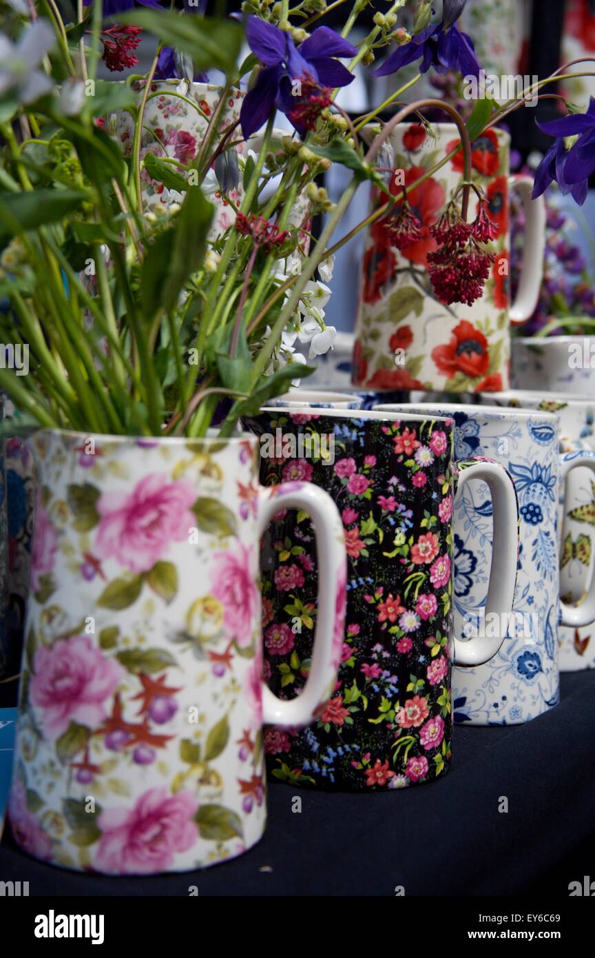 colourful pottery jugs on display at market in Ludlow, Shropshire Stock Photo