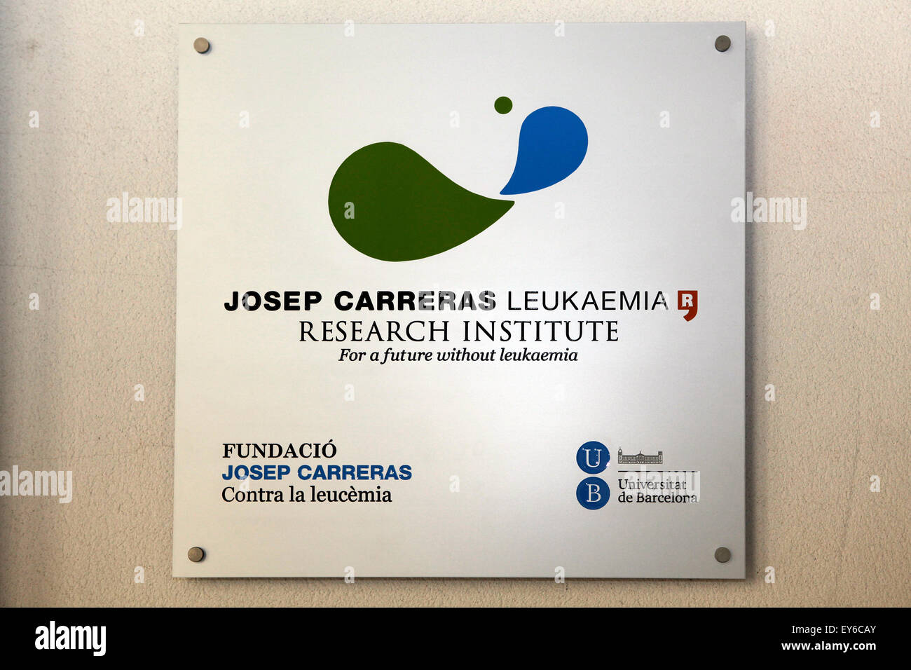 Nameplate of the Josep Carreras Leukaemia Research Institute in Barcelona Stock Photo